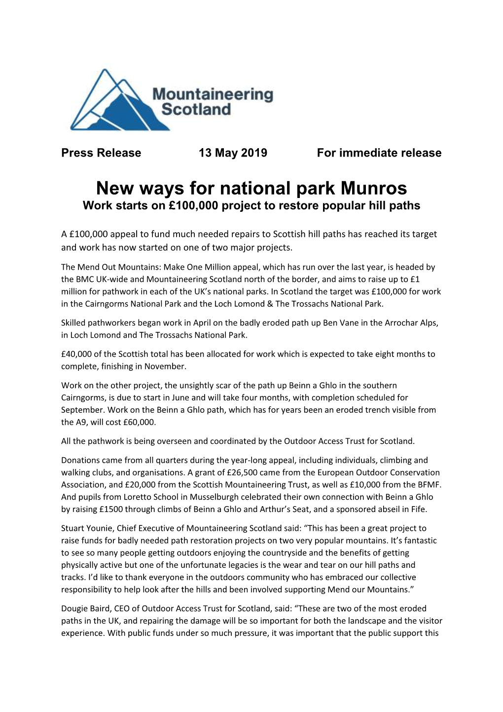 New Ways for National Park Munros Work Starts on £100,000 Project to Restore Popular Hill Paths