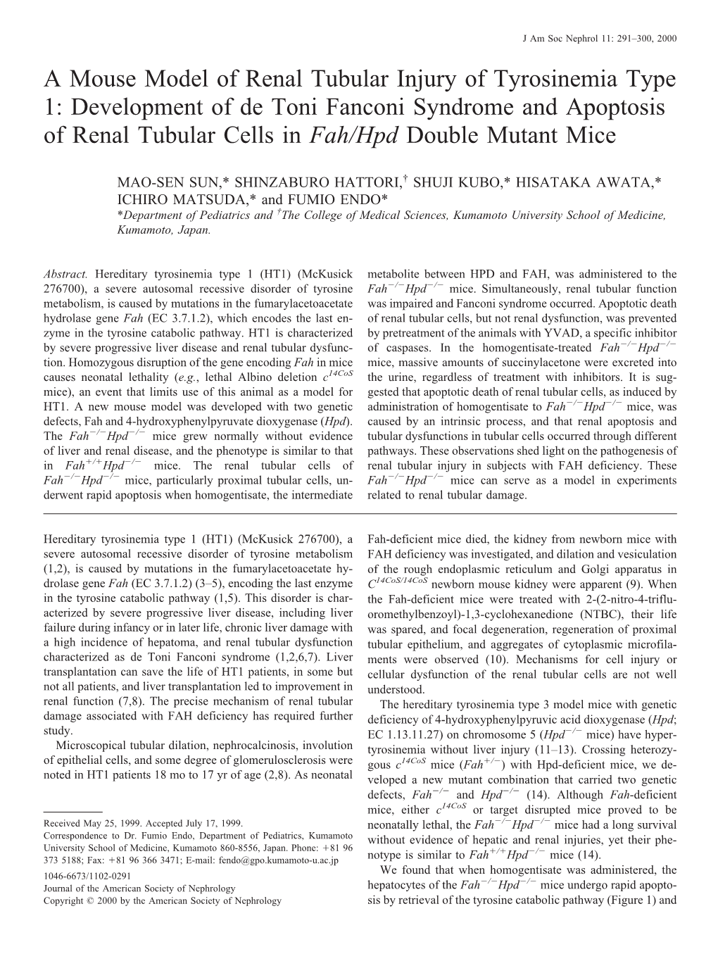 A Mouse Model of Renal Tubular Injury of Tyrosinemia Type 1