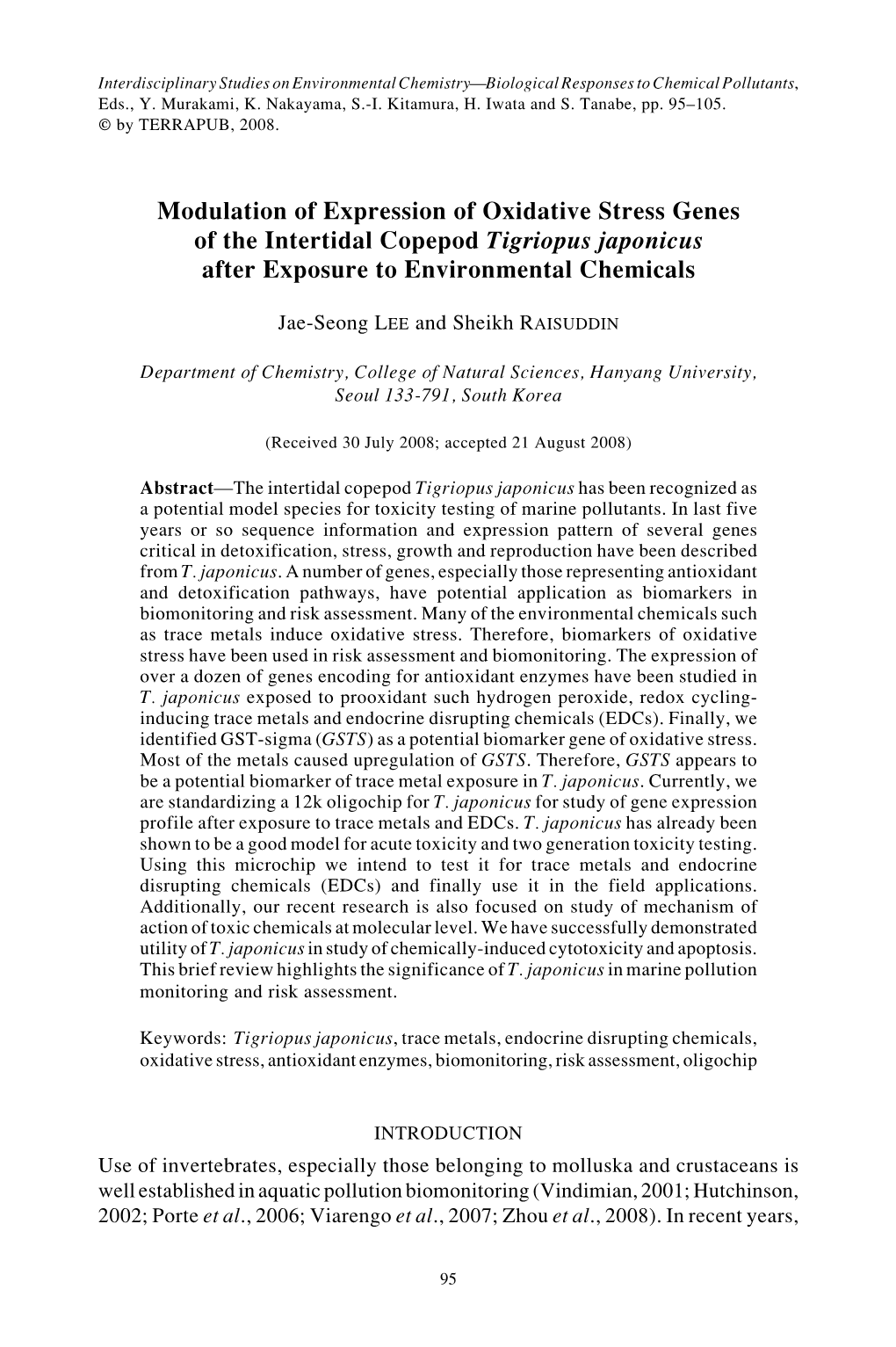 Modulation of Expression of Oxidative Stress Genes of the Intertidal Copepod Tigriopus Japonicus After Exposure to Environmental Chemicals
