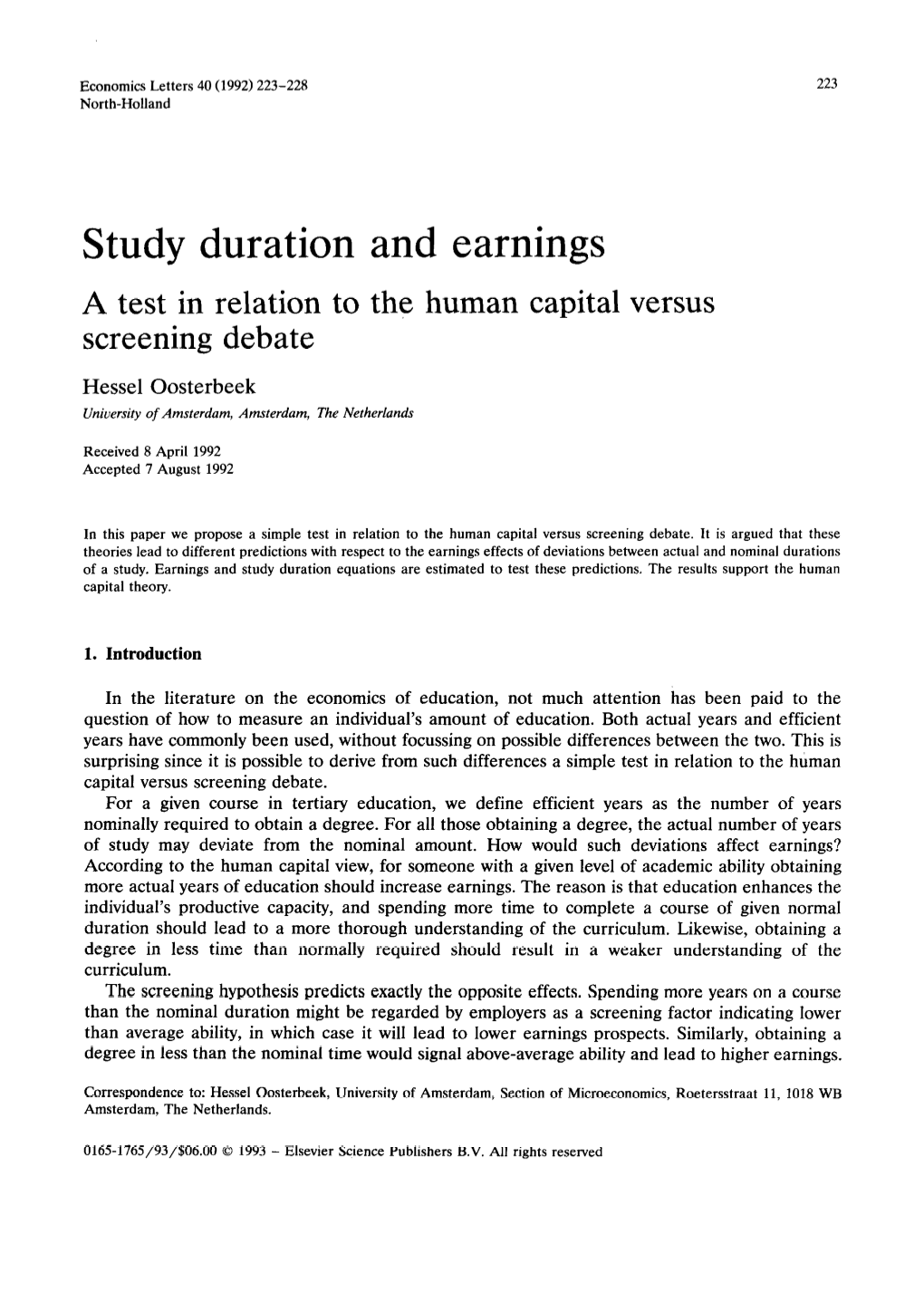 Study Duration and Earnings a Test in Relation to the Human Capital Versus Screening Debate