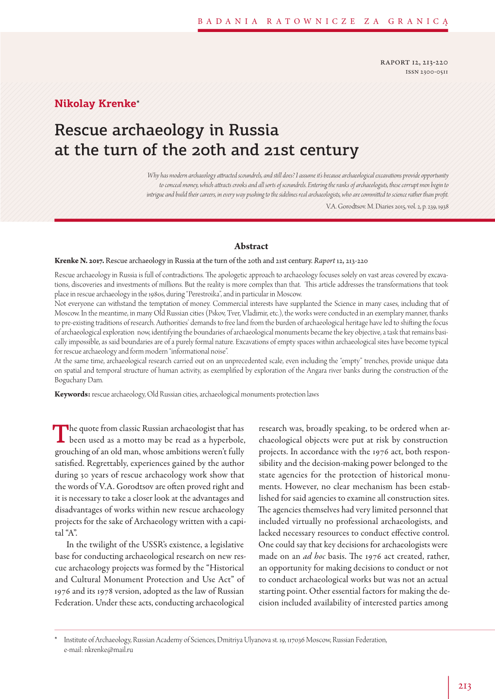 Rescue Archaeology in Russia at the Turn of the 20Th and 21St Century