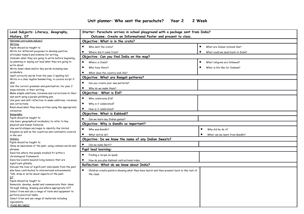 Unit Planner: Who Sent the Parachute? Year 2 2 Week