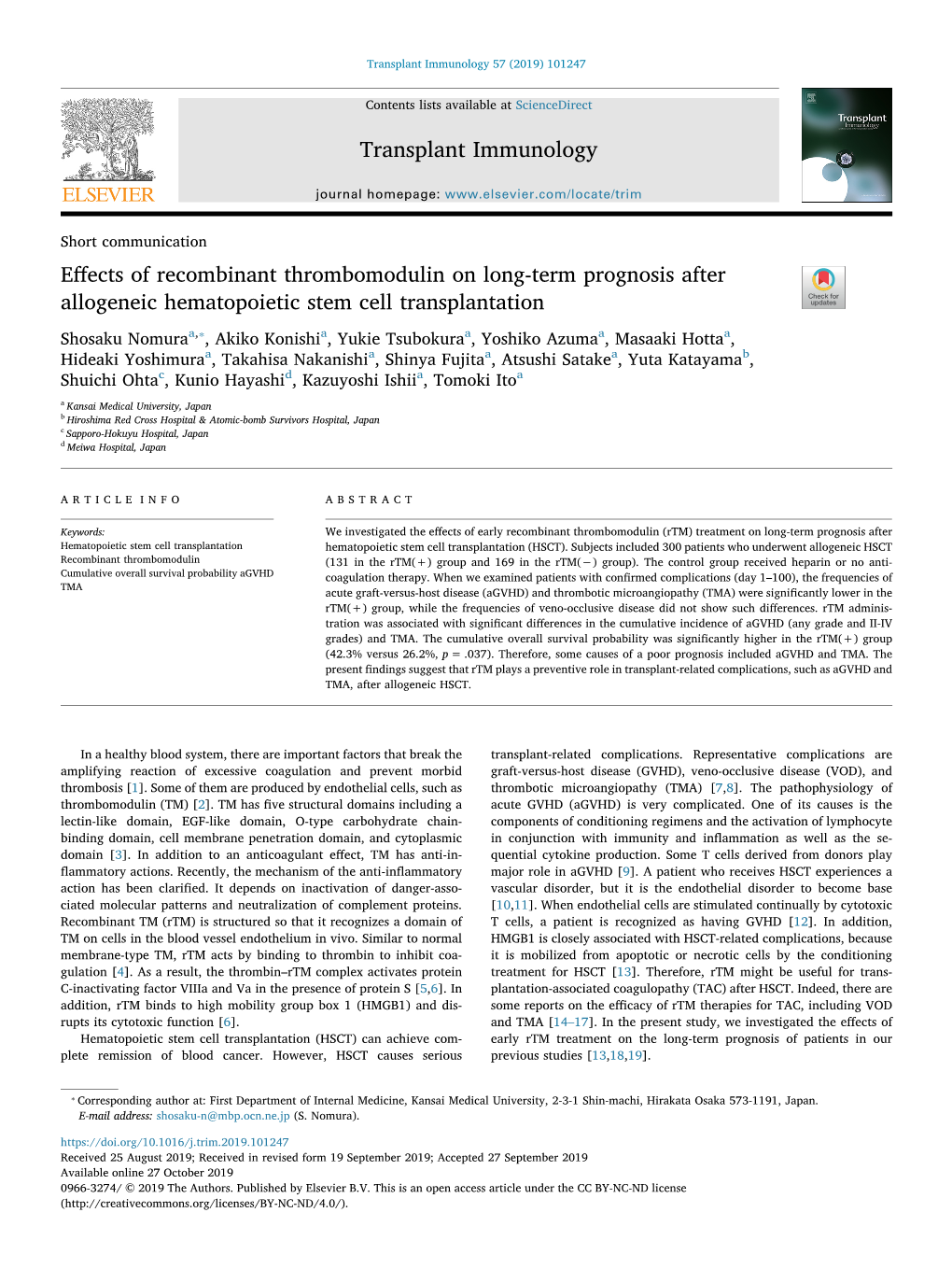 Effects of Recombinant Thrombomodulin on Long-Term