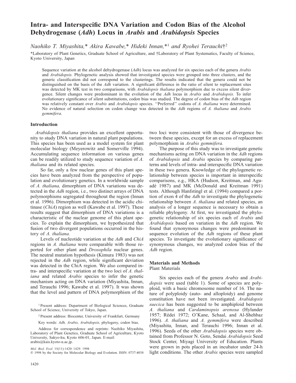 Intra- and Interspecific DNA Variation and Codon Bias of the Alcohol