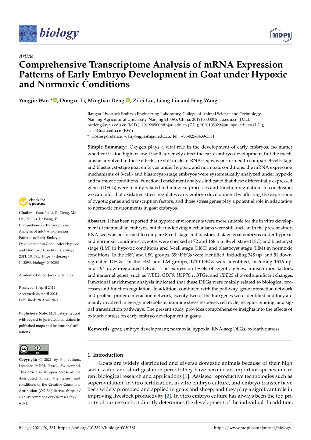 Comprehensive Transcriptome Analysis of Mrna Expression Patterns of Early Embryo Development in Goat Under Hypoxic and Normoxic Conditions