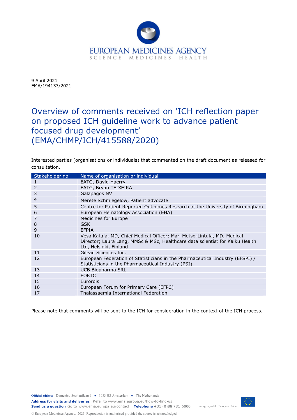 Overview of Comments Received on 'ICH Reflection Paper on Proposed ICH Guideline Work to Advance Patient Focused Drug Development’ (EMA/CHMP/ICH/415588/2020)