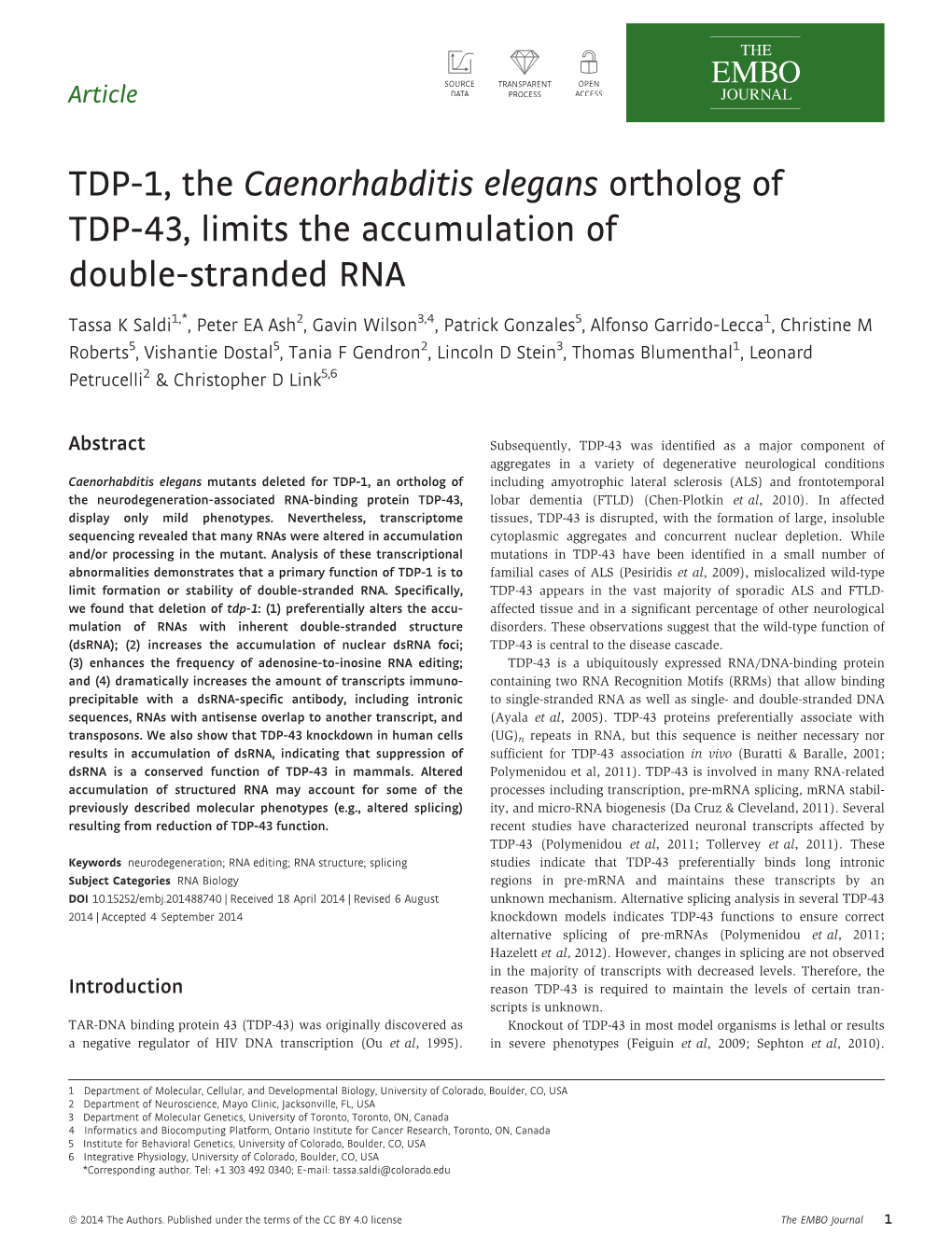 TDP1, the Caenorhabditis Elegans Ortholog of TDP43, Limits The