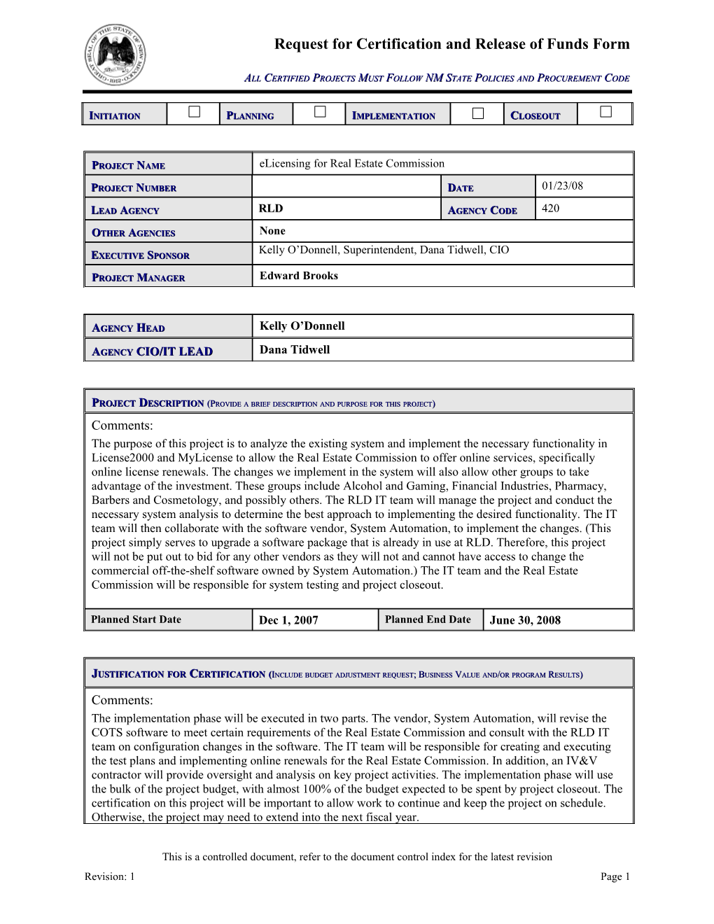 Request for Certification and Release of Funds Form s6