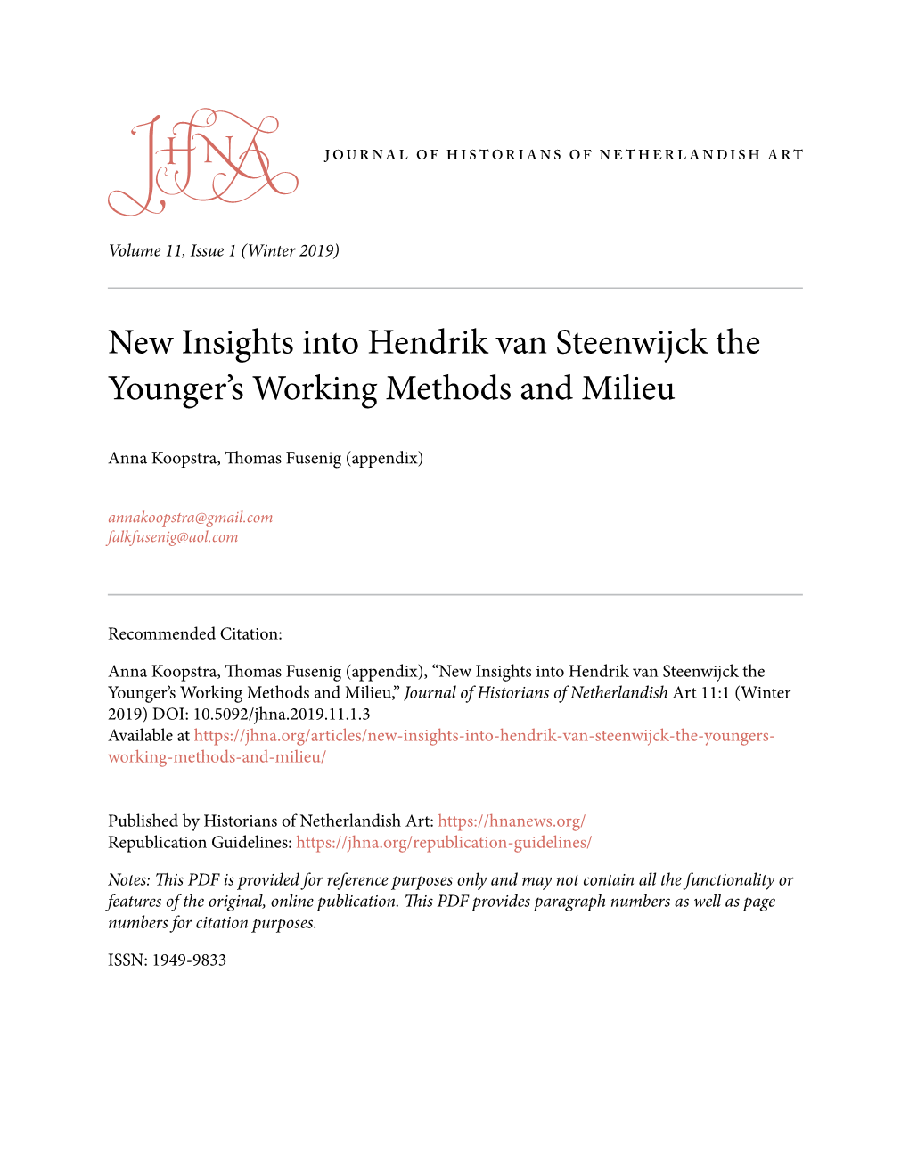 New Insights Into Hendrik Van Steenwijck the Younger's Working