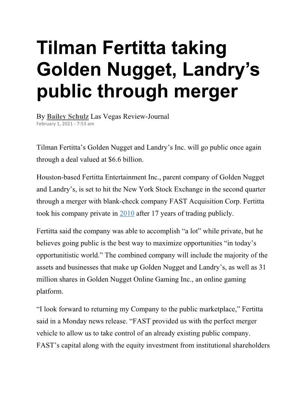 Tilman Fertitta Taking Golden Nugget, Landry's Public Through Merger