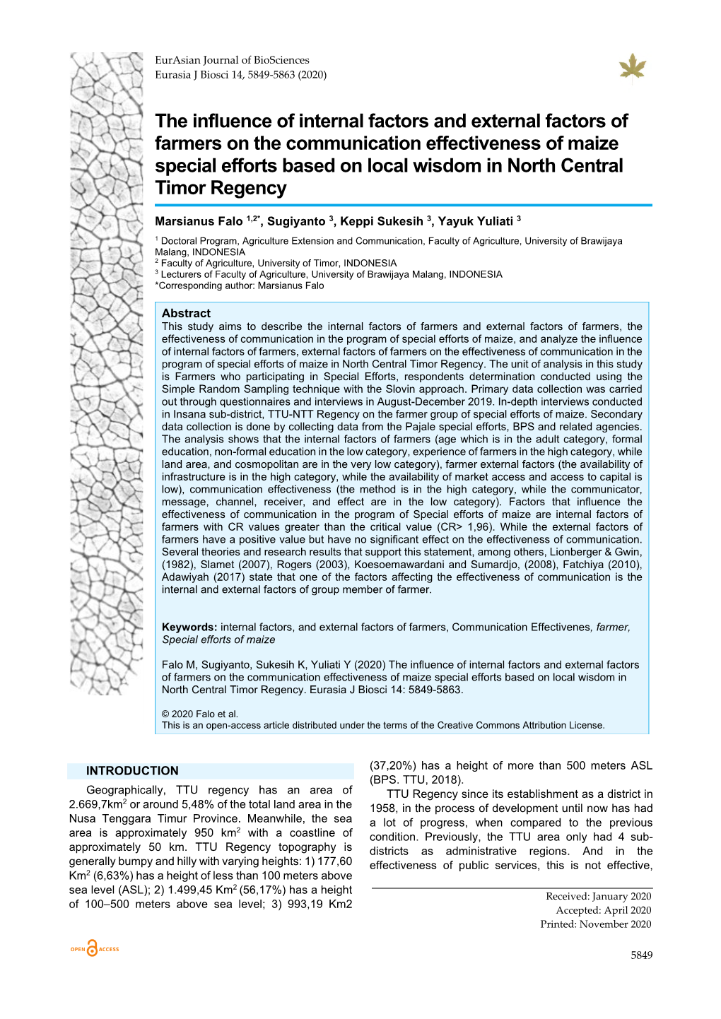 The Influence of Internal Factors and External Factors of Farmers on The