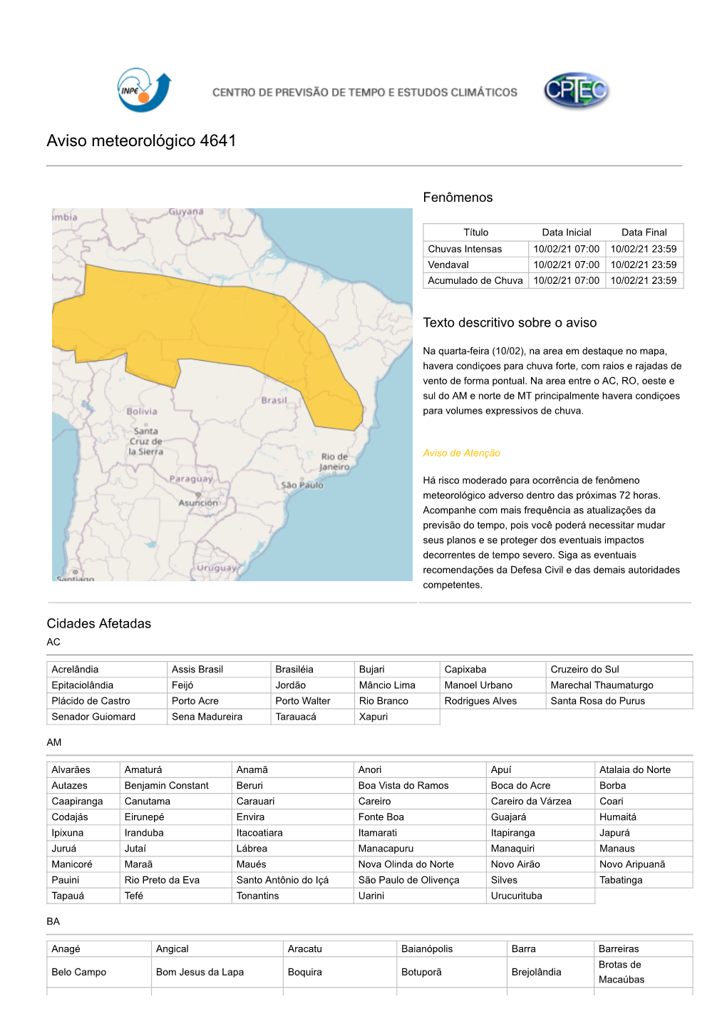 Aviso Meteorológico 4641