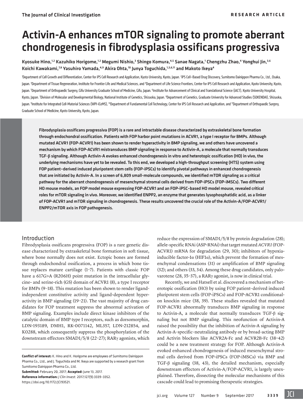 Activin-A Enhances Mtor Signaling to Promote Aberrant Chondrogenesis in Fibrodysplasia Ossificans Progressiva