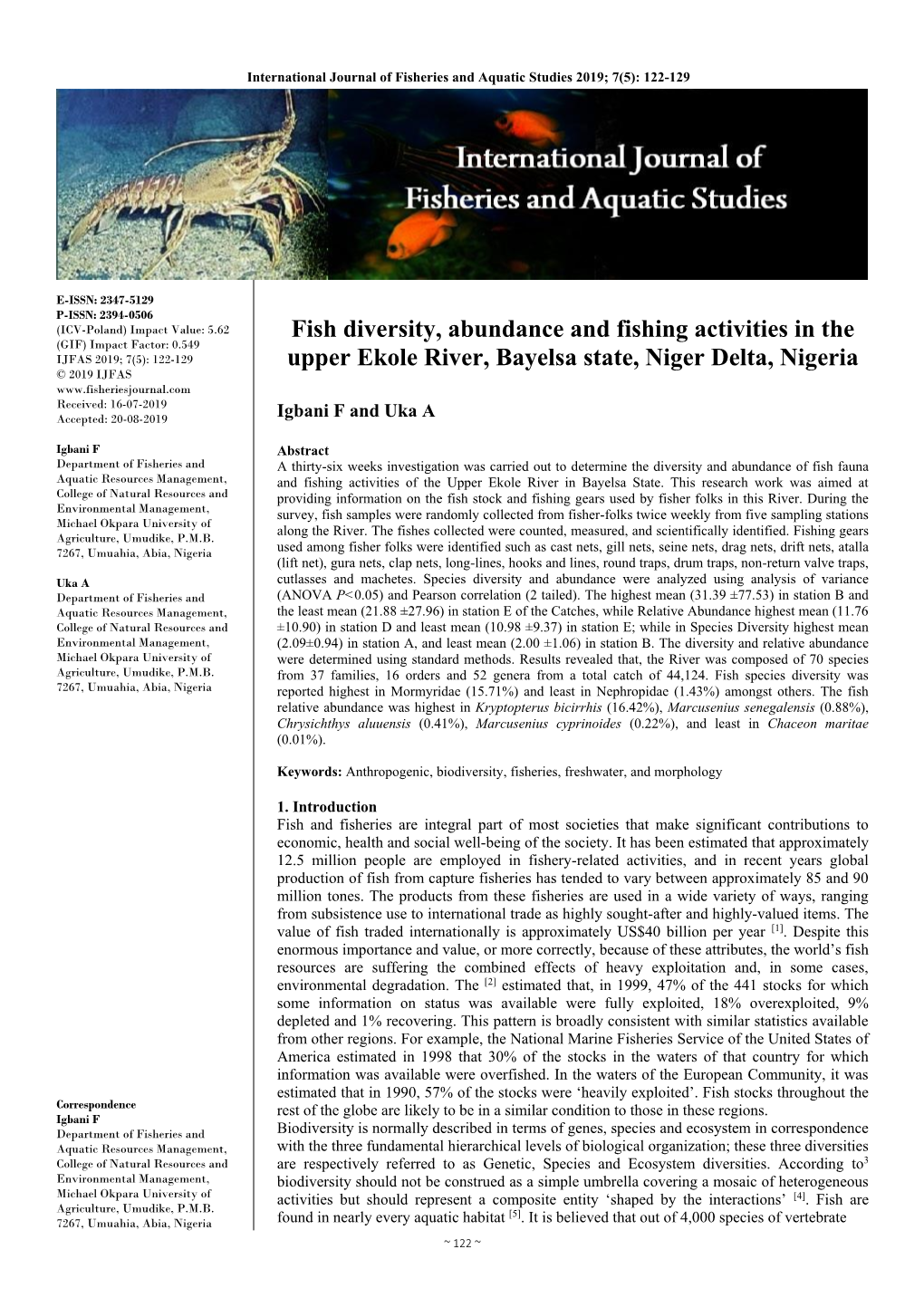 Fish Diversity, Abundance and Fishing Activities in the Upper Ekole River