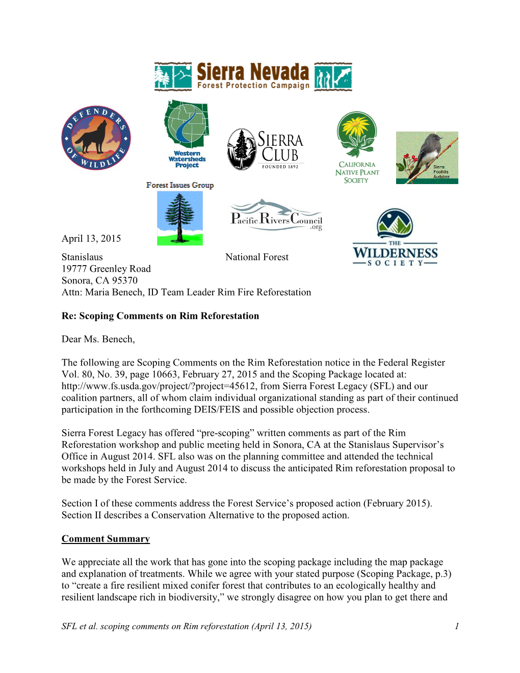 Sierra Forest Legacy and Coalition Comments on Rim Fire Reforestation