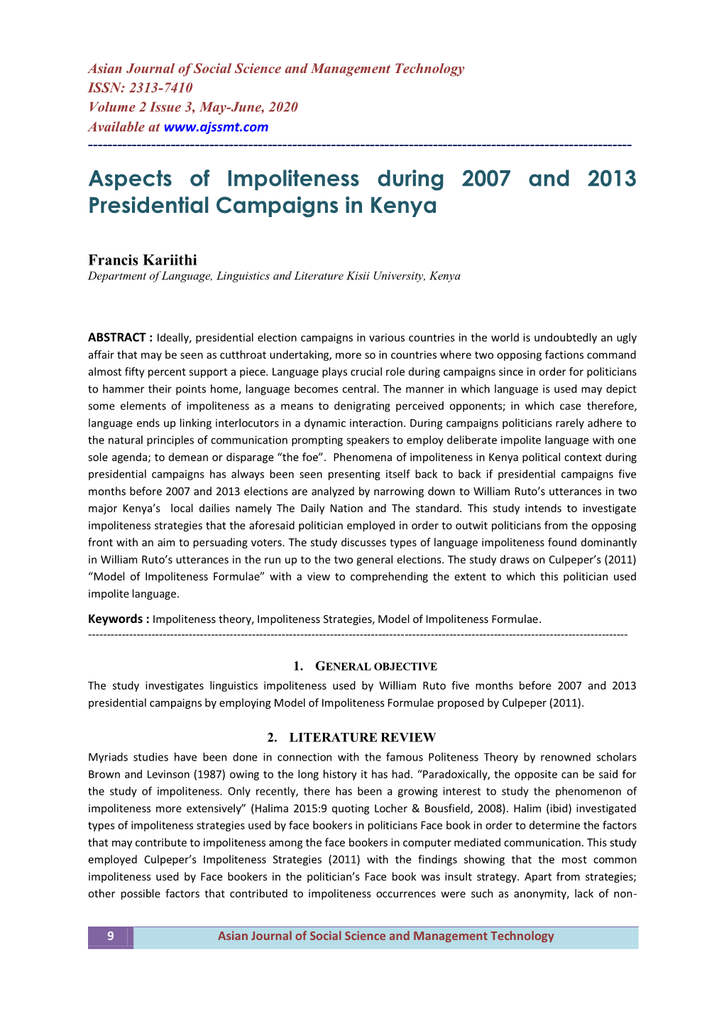 Aspects of Impoliteness During 2007 and 2013 Presidential Campaigns in Kenya