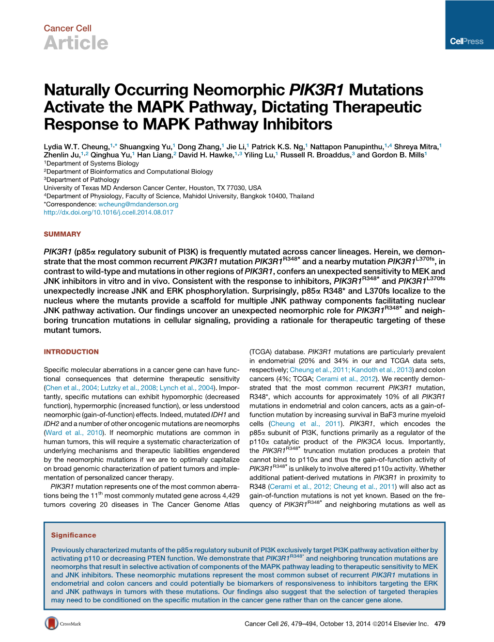 Naturally Occurring Neomorphic PIK3R1 Mutations Activate the MAPK Pathway, Dictating Therapeutic Response to MAPK Pathway Inhibitors