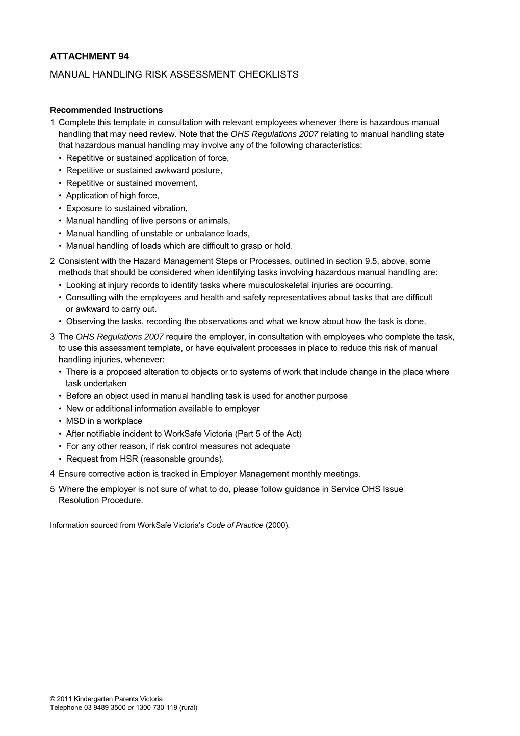 Manual Handling Risk Assessment Checklists