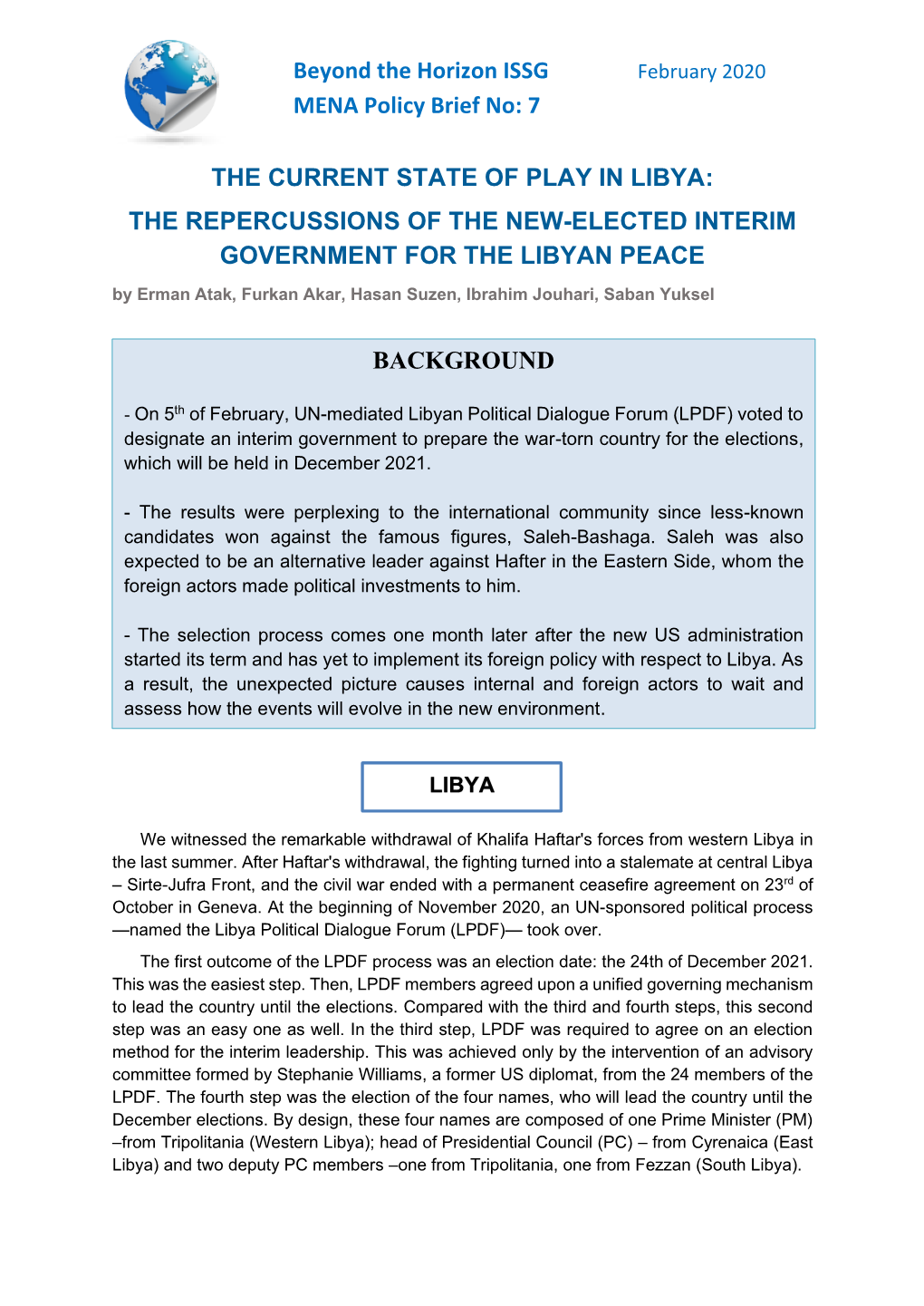 Beyond the Horizon ISSG MENA Policy Brief No: 7 the CURRENT
