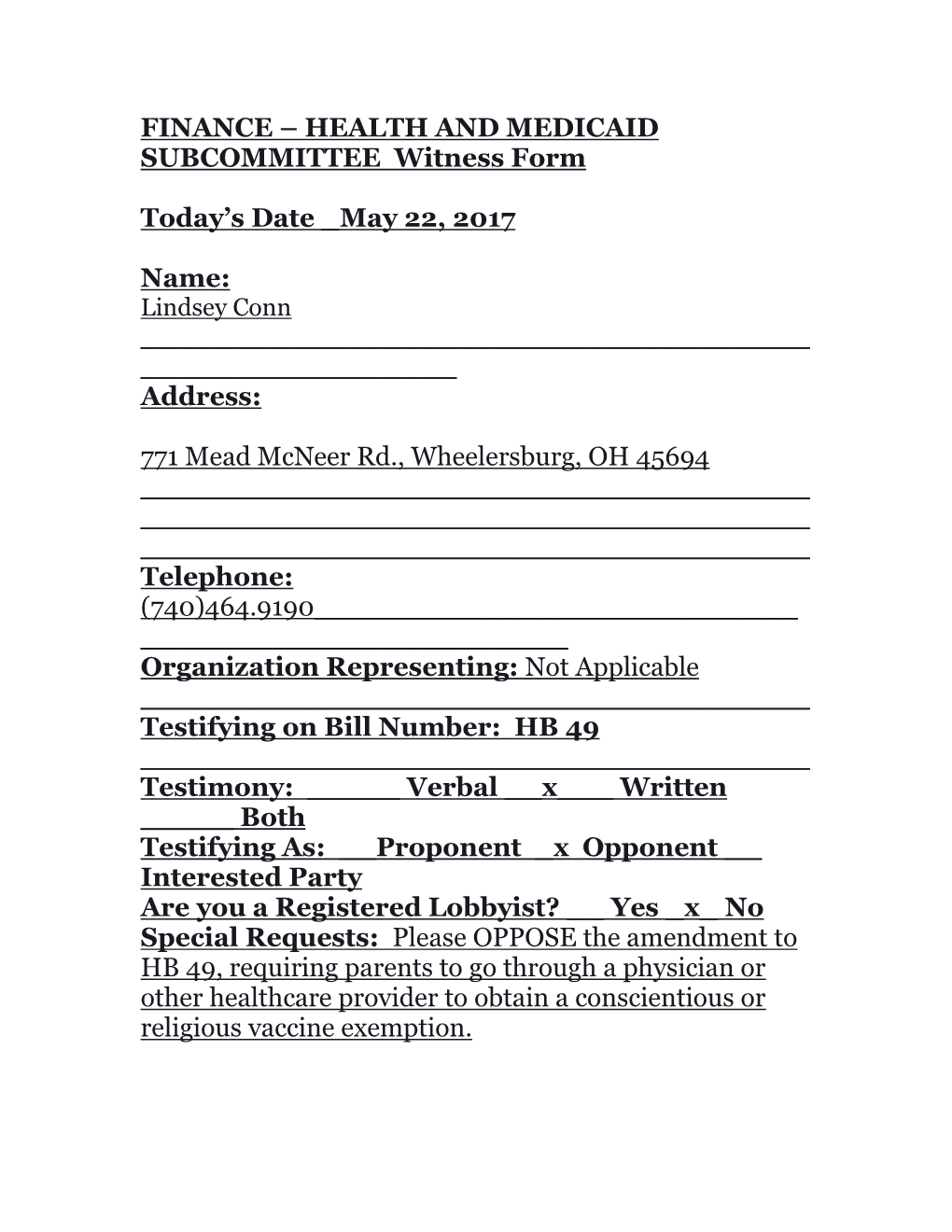 FINANCE – HEALTH and MEDICAID SUBCOMMITTEE Witness Form