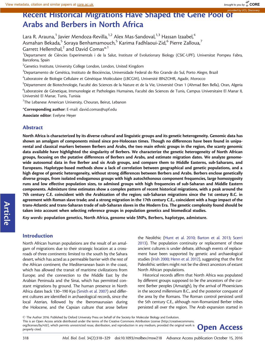 Recent Historical Migrations Have Shaped the Gene Pool Ofprovided by UCL Discovery Arabs and Berbers in North Africa Lara R