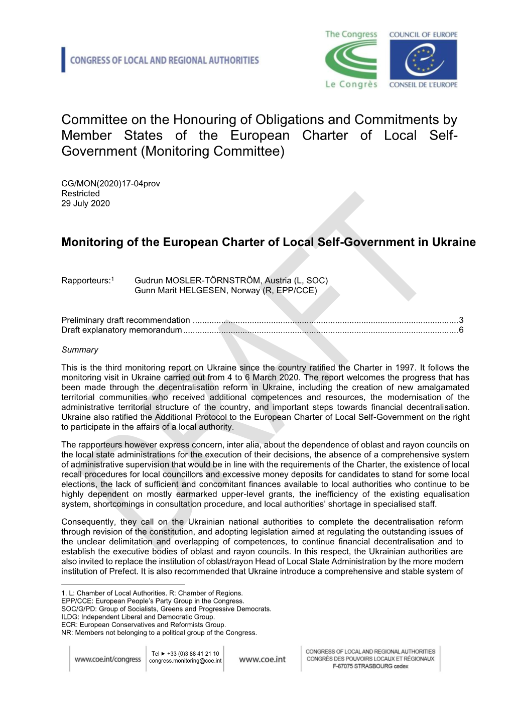 Committee on the Honouring of Obligations and Commitments by Member States of the European Charter of Local Self- Government (Monitoring Committee)