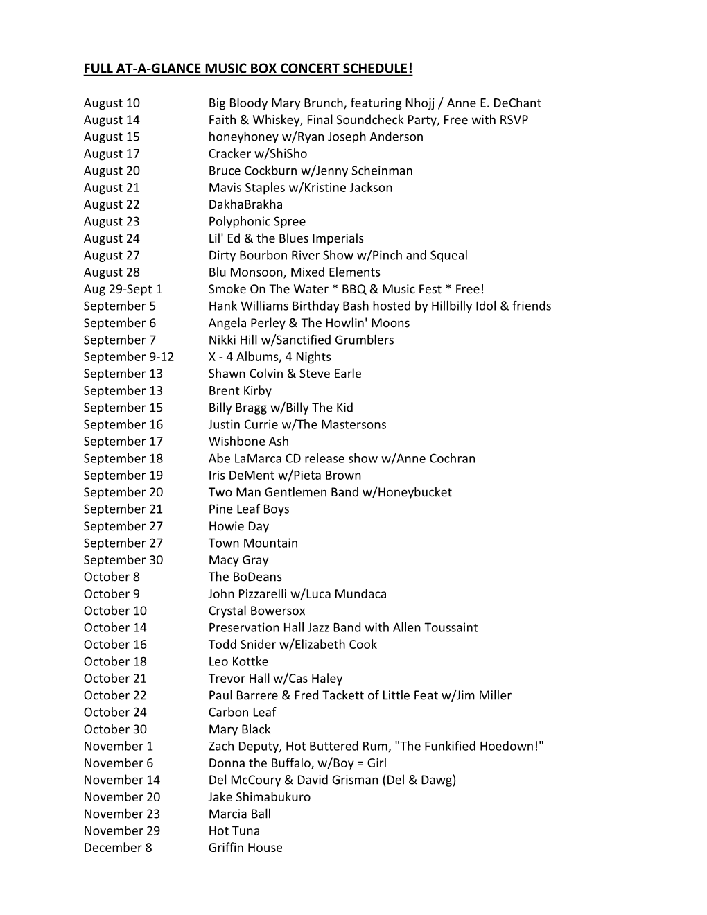 Full At-A-Glance Music Box Concert Schedule!