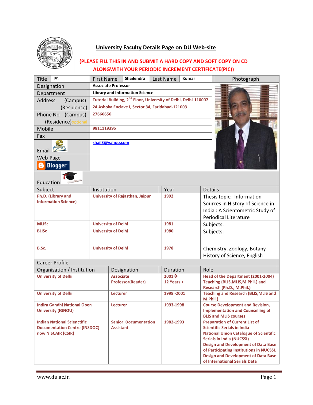 University Faculty Details Page on DU Web-Site