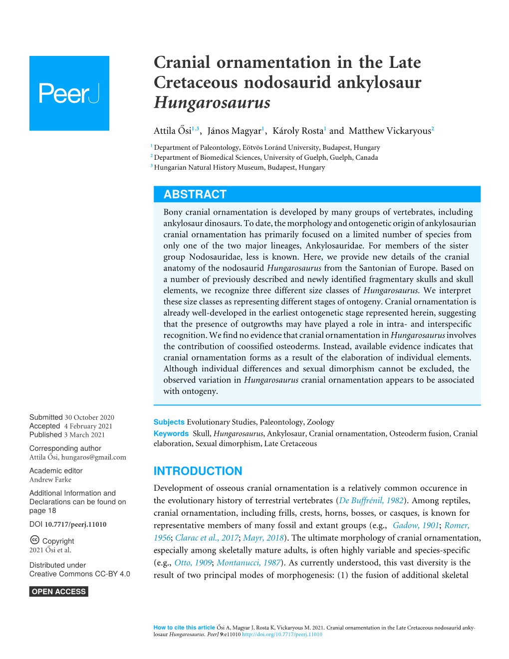 Cranial Ornamentation in the Late Cretaceous Nodosaurid Ankylosaur Hungarosaurus