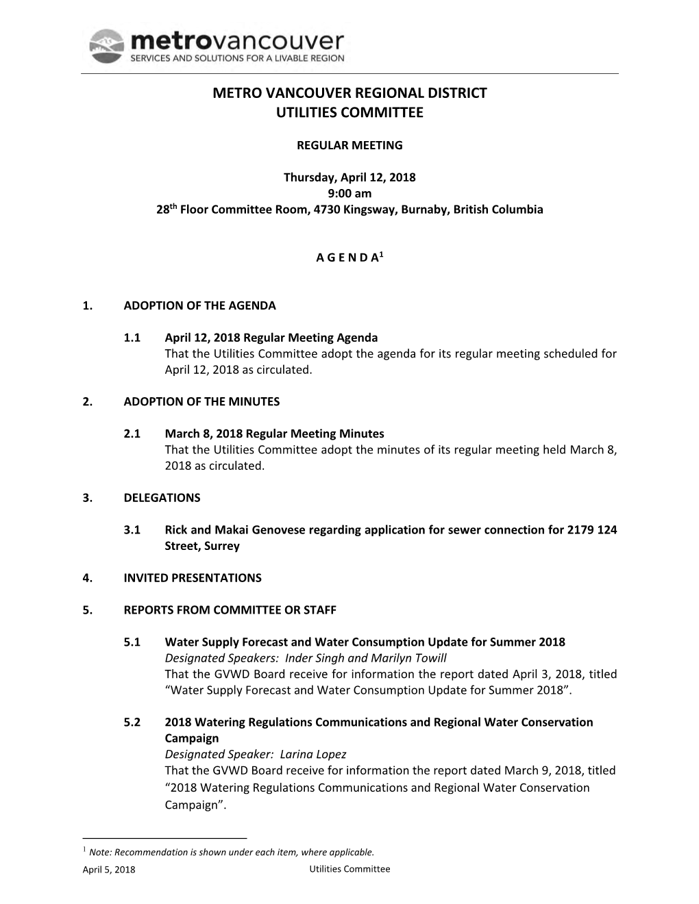 Utilities Committee Meeting Agenda Package April 12, 2018