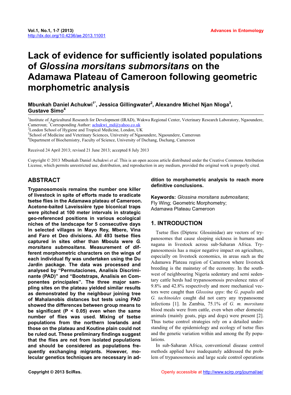 Lack of Evidence for Sufficiently Isolated Populations of Glossina