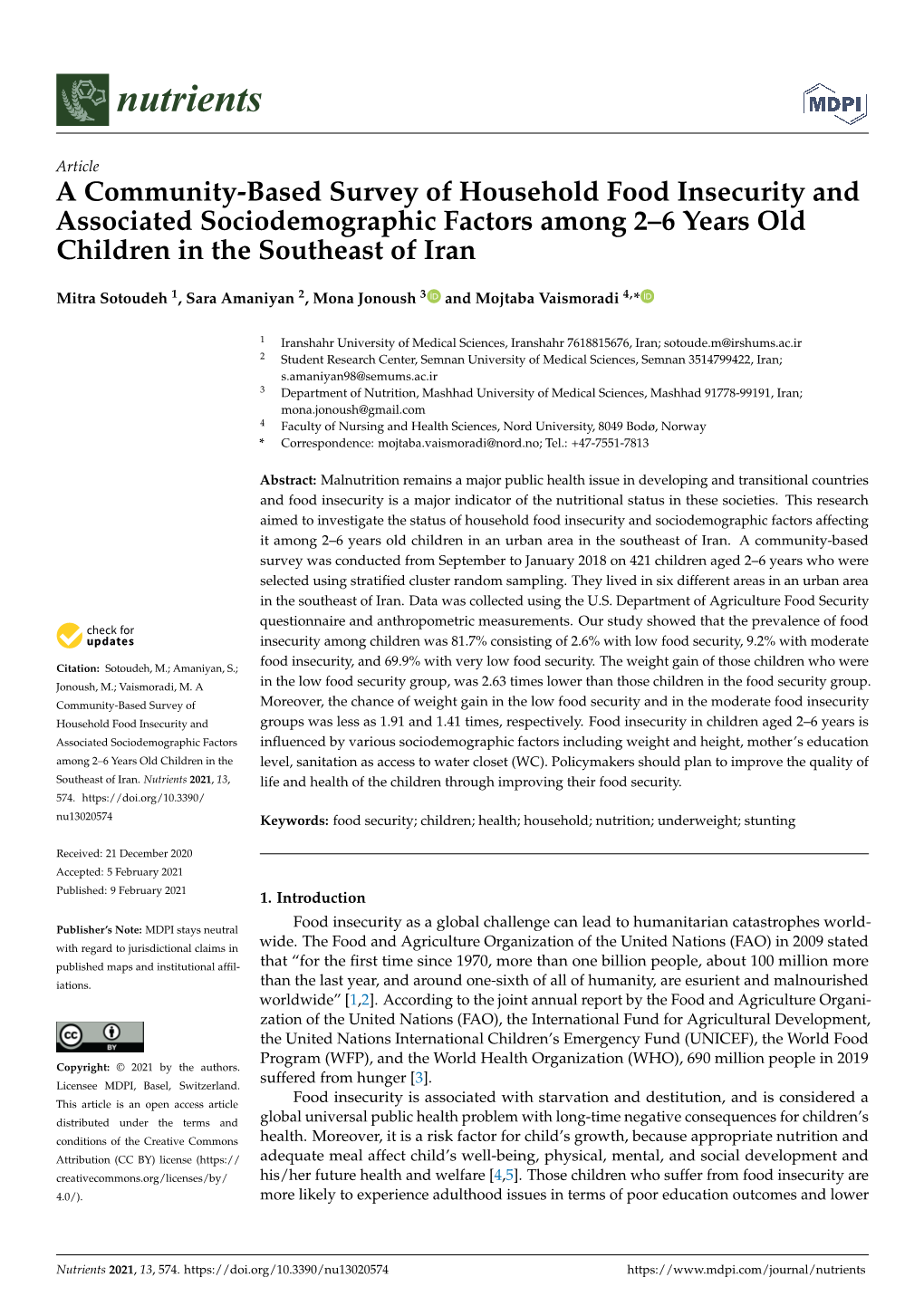 A Community-Based Survey of Household Food Insecurity and Associated Sociodemographic Factors Among 2–6 Years Old Children in the Southeast of Iran