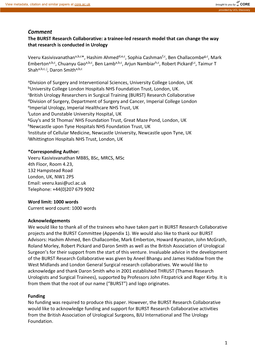 Comment the BURST Research Collaborative: a Trainee-Led Research Model That Can Change the Way That Research Is Conducted in Urology