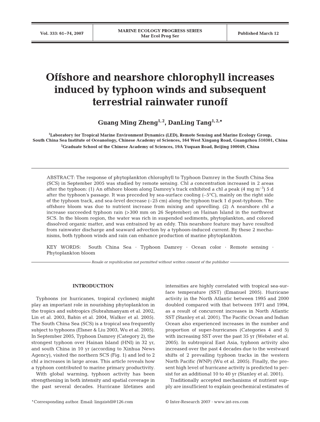 Offshore and Nearshore Chlorophyll Increases Induced by Typhoon Winds and Subsequent Terrestrial Rainwater Runoff