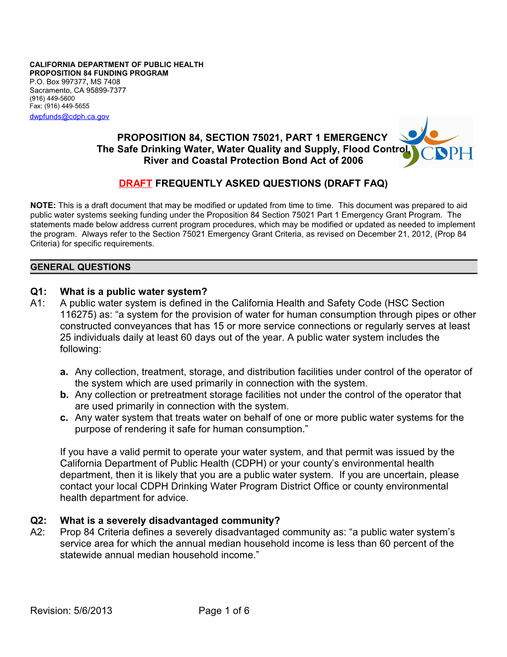 DRAFT P84 Emergency Part 1 FAQ 6May2013