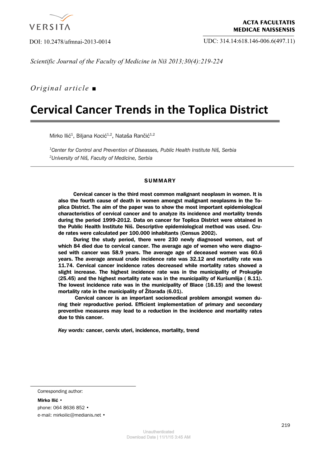 Cervical Cancer Trends in the Toplica District