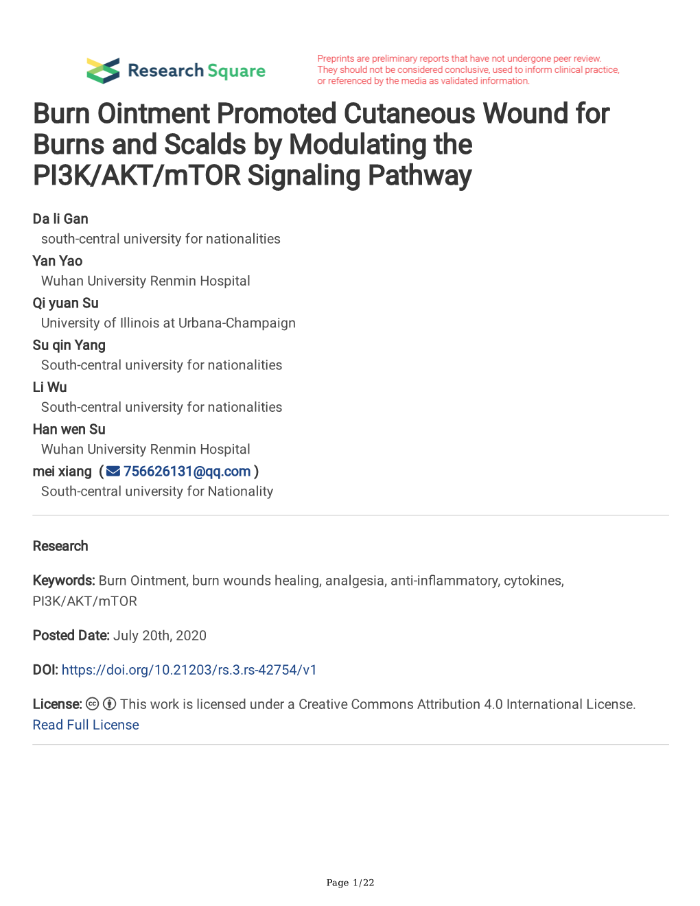 Burn Ointment Promoted Cutaneous Wound for Burns and Scalds by Modulating the PI3K/AKT/Mtor Signaling Pathway