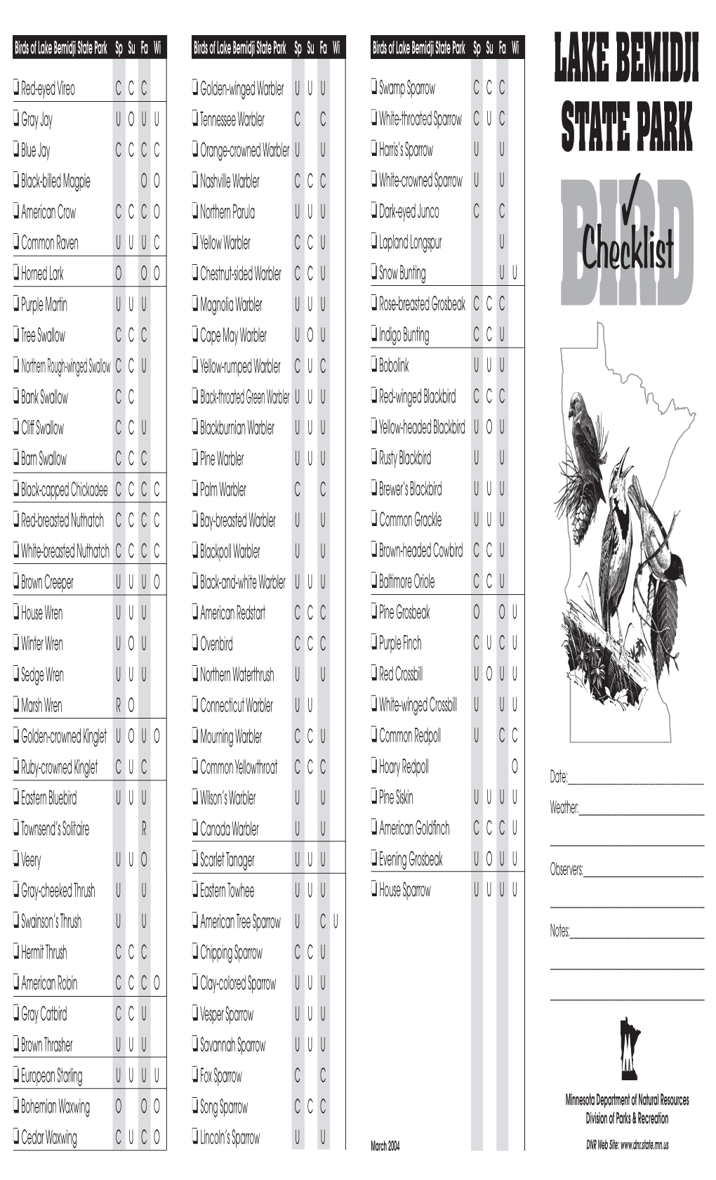 Lake Bemidji State Park Bird Checklist