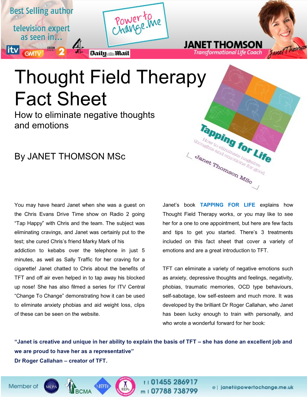 Thought Field Therapy Fact Sheet How to Eliminate Negative Thoughts and Emotions