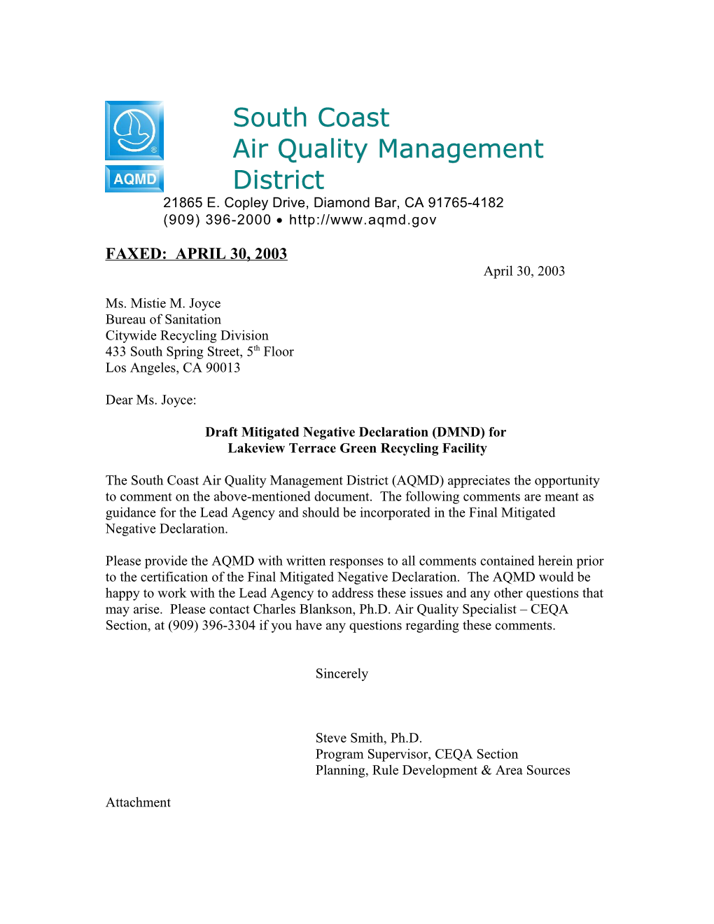 South Coast Air Quality Management District 21865 E. Copley Drive, Diamond Bar, CA 91765-4182