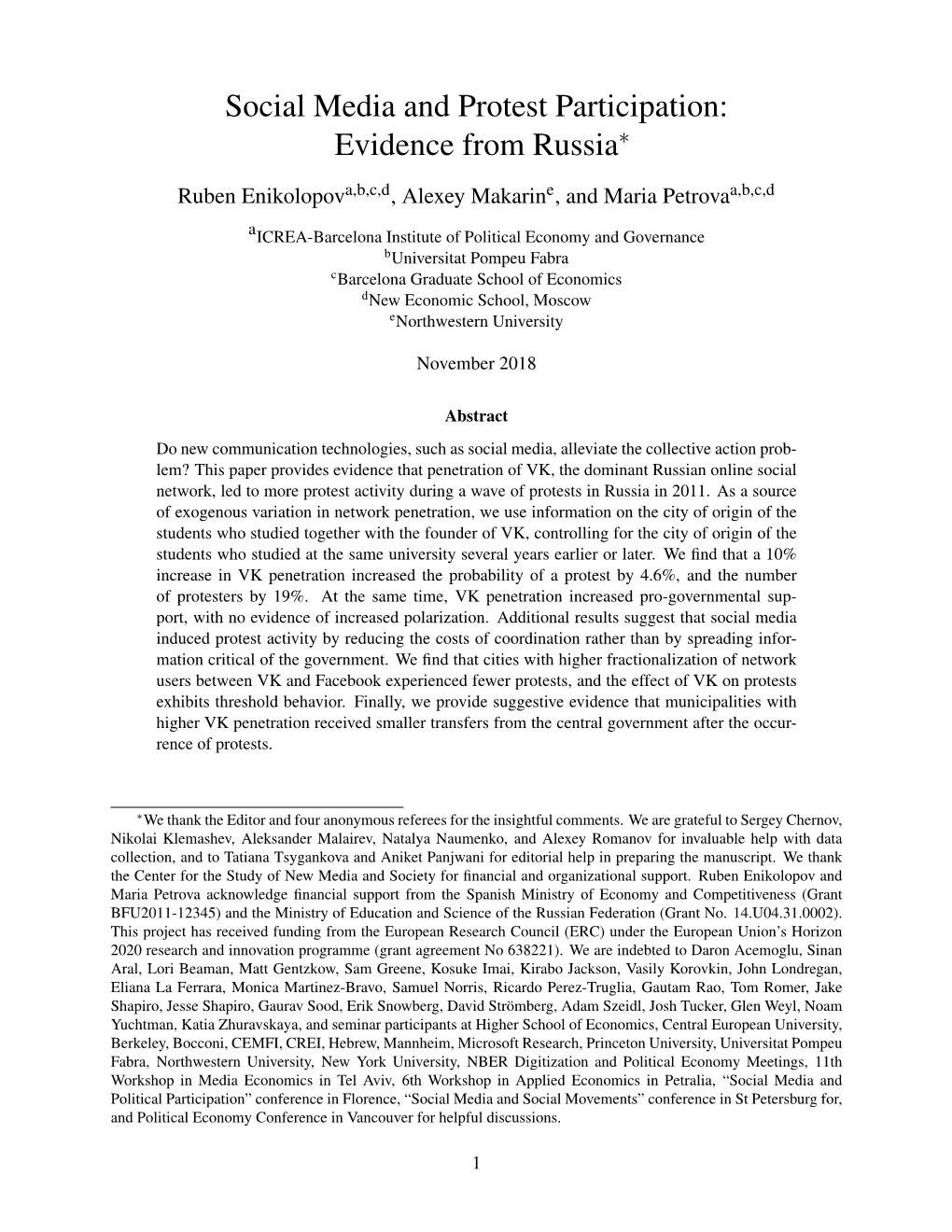 Social Media and Protest Participation: Evidence from Russia∗