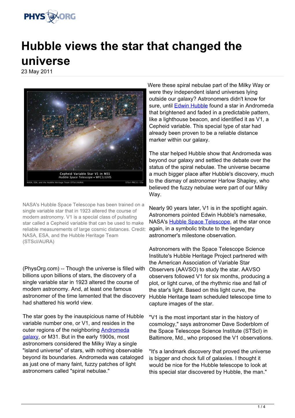 Hubble Views the Star That Changed the Universe 23 May 2011