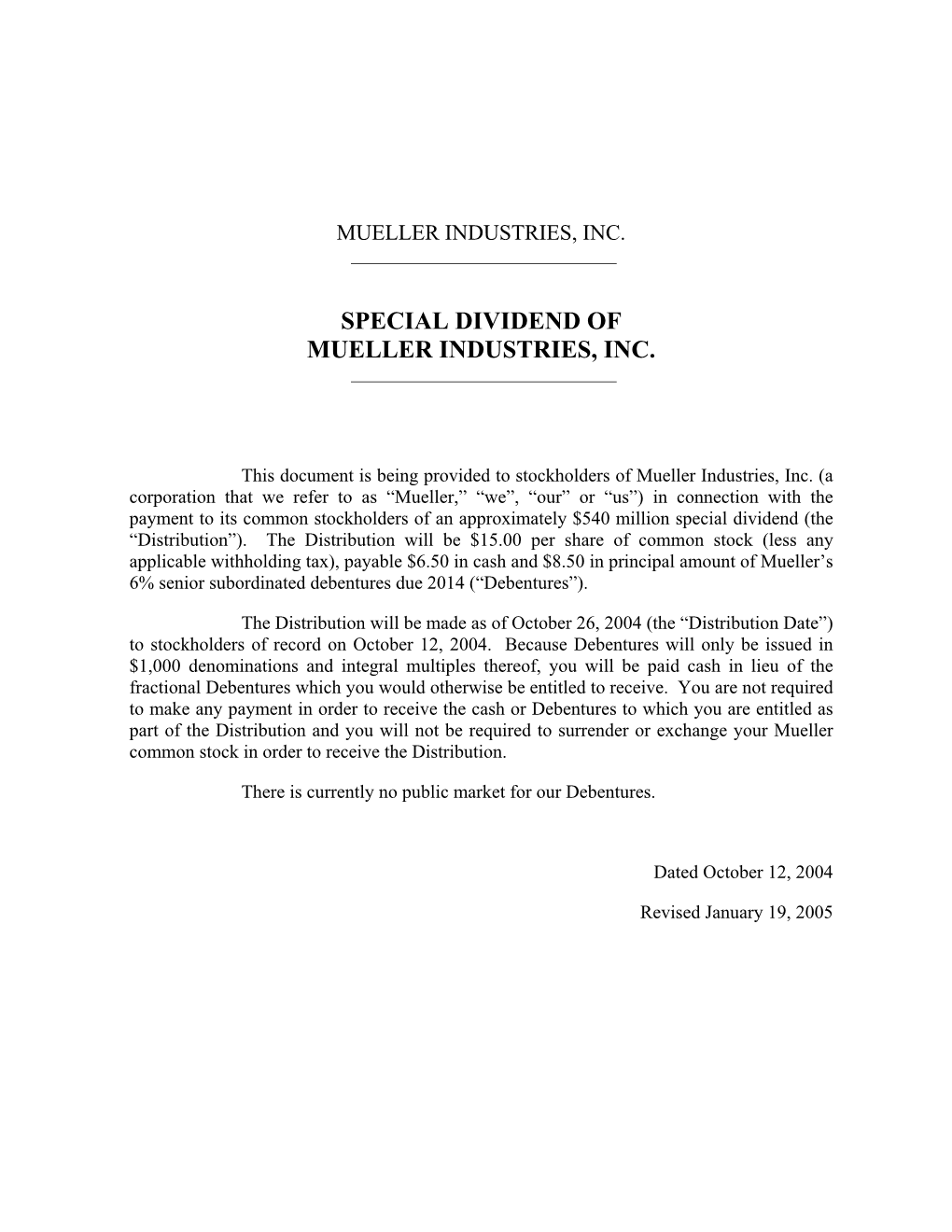 Special Dividend of Mueller Industries, Inc