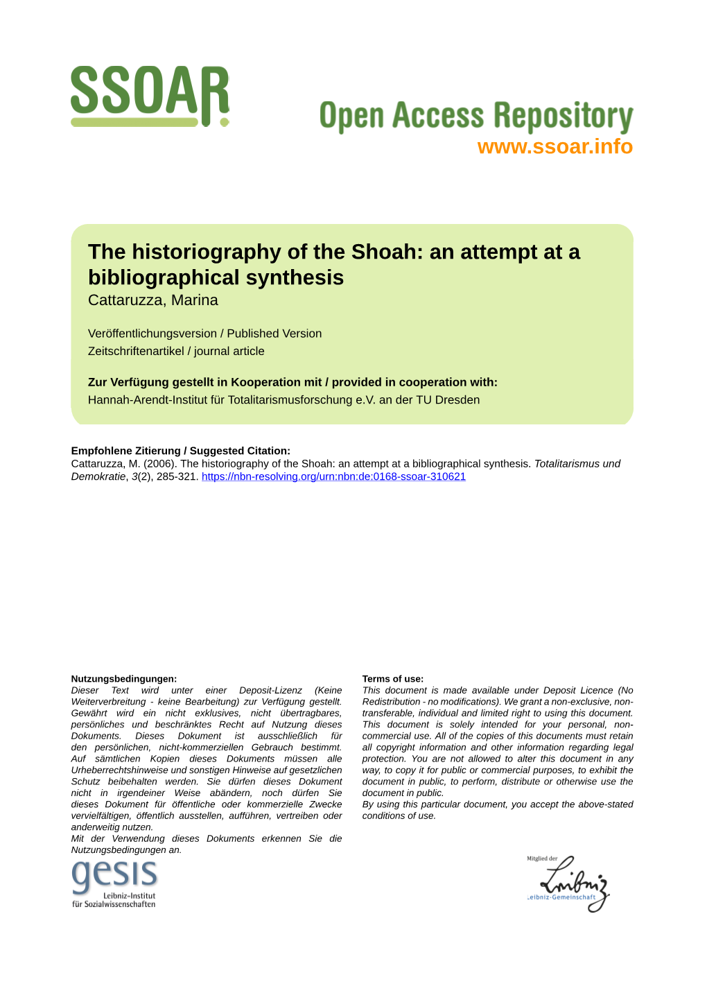 The Historiography of the Shoah: an Attempt at a Bibliographical Synthesis Cattaruzza, Marina