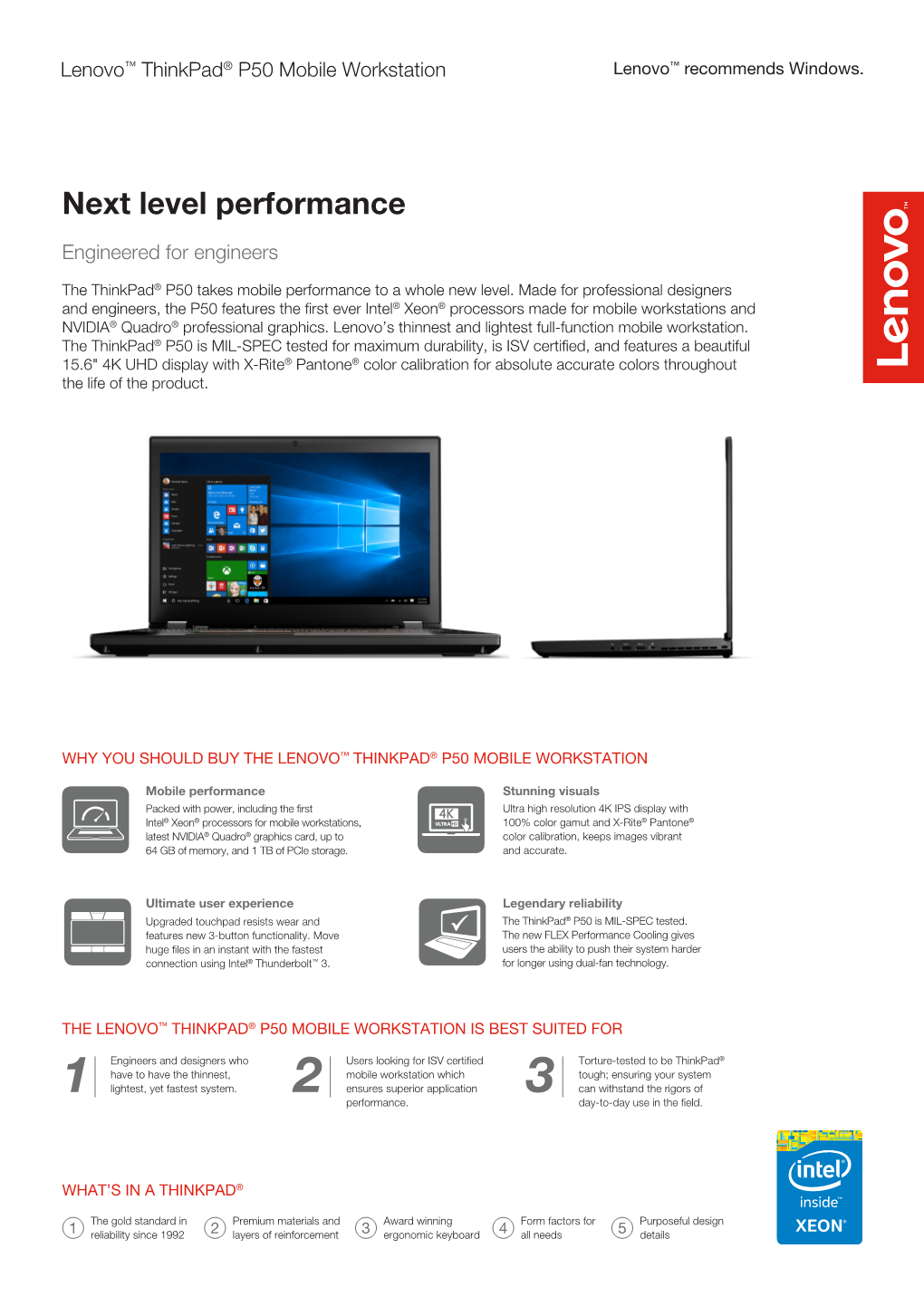 Thinkpad® P50 Mobile Workstation Lenovo™ Recommends Windows