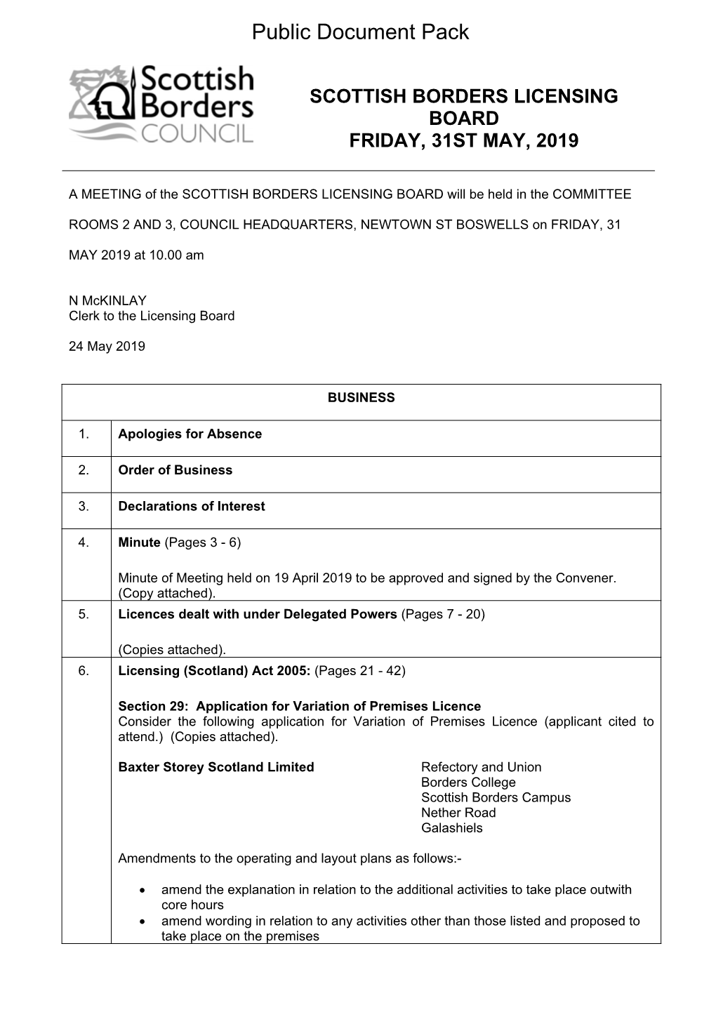 Scottish Borders Licensing Board Friday, 31St May, 2019