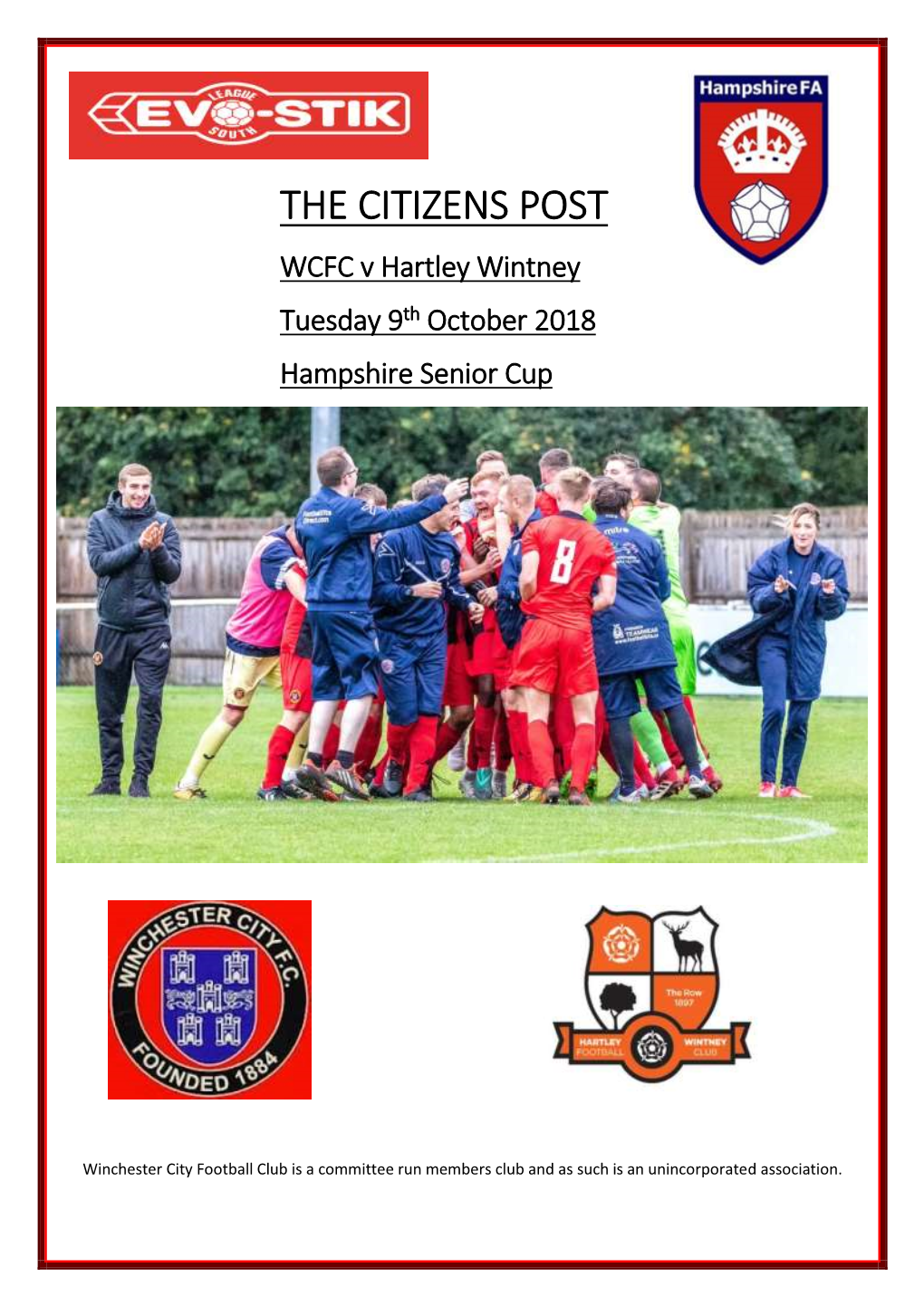 THE CITIZENS POST WCFC V Hartley Wintney Tuesday 9Th October 2018 Hampshire Senior Cup