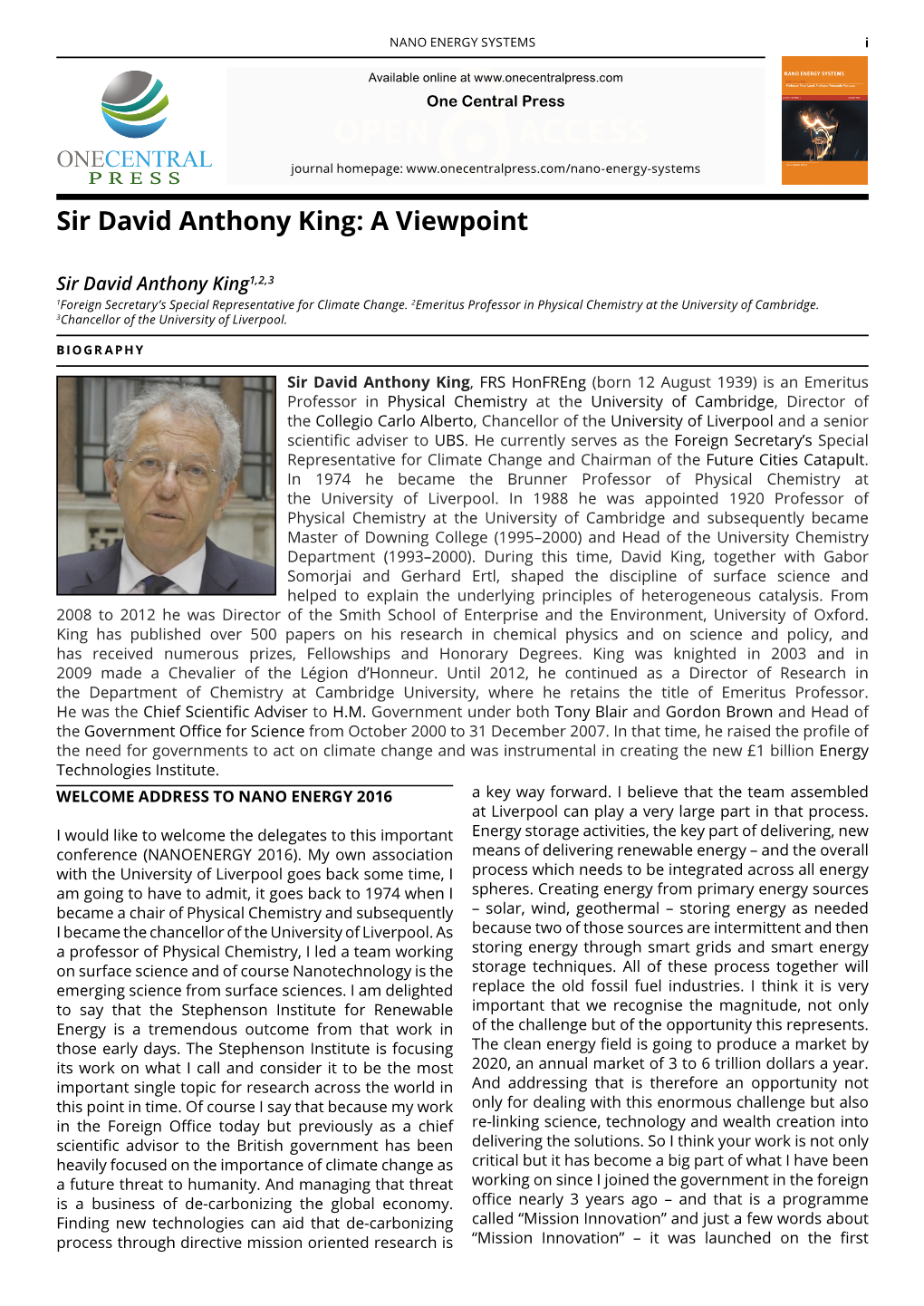 Sir David Anthony King: a Viewpoint