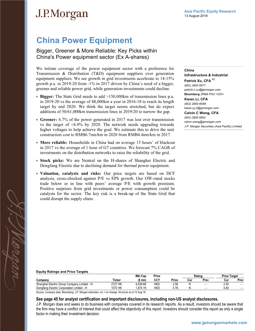 China Power Equipment Bigger, Greener & More Reliable: Key Picks Within China's Power Equipment Sector (Ex A-Shares)