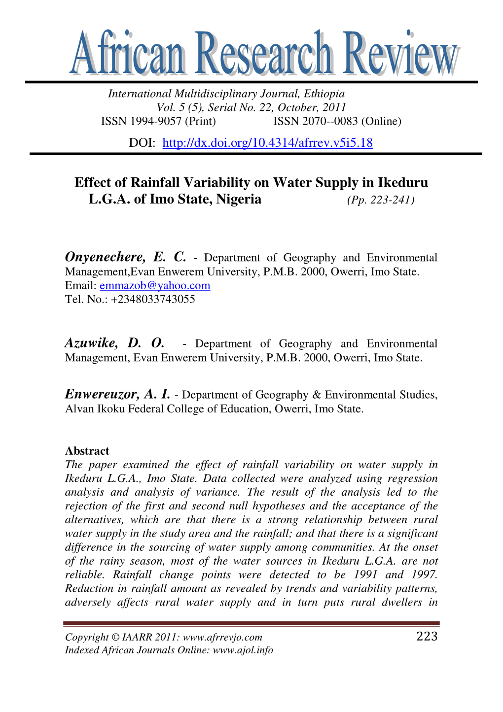 Effect of Rainfall Variability on Water Supply in Ikeduru L.G.A. of Imo State, Nigeria (Pp